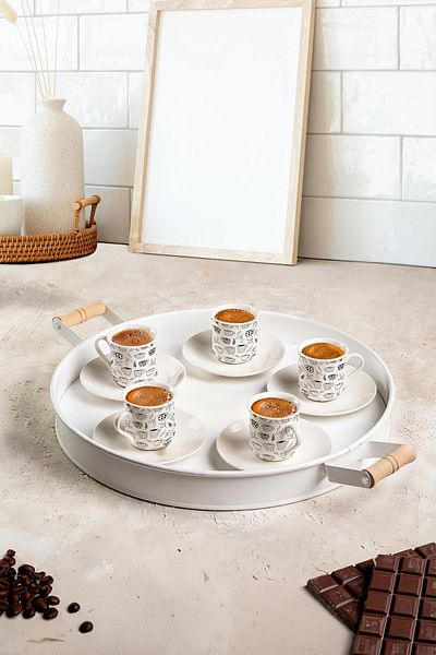 Doreline Metal White Serving Tray with Wooden Handles 37cm, Coffee Tray, Presentation Tray, Breakfast Tray