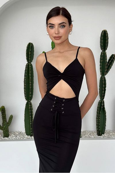 WOMAN VISION Rochie midi Atlas neagră - decoltată, guler cu șireturi, curea 254