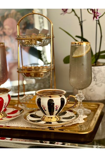 ACAR 6-piece scarlet striped gold Turkish coffee cup set