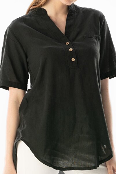 Eliş Şile Bezi Short Sleeve Shile Cloth Acacia Summer Blouse Black Black