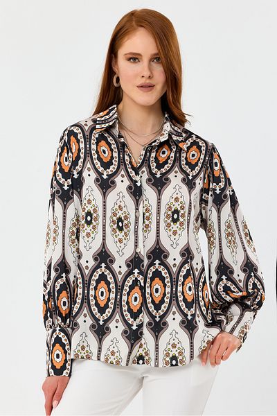 MD trend Cămașă oversize din satin cu umeri cu mâneci cu balon cu model etnic