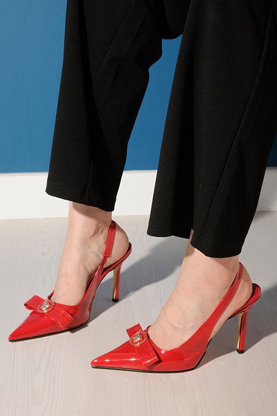 Sibel Durmaz Marika Red Stiletto Sandals with Bow and Accessory Detail