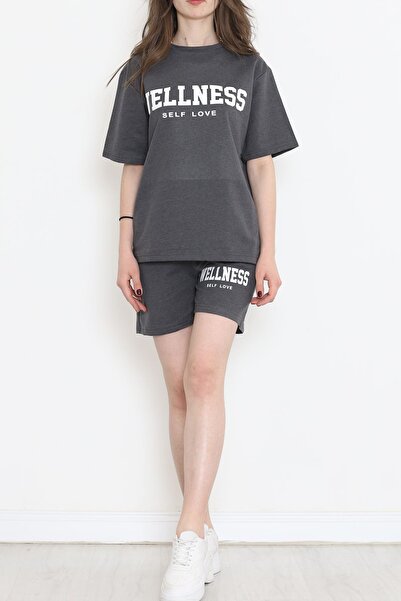 estilowear Oversize Baskılı Şortlu Takım Gri Model 12629
