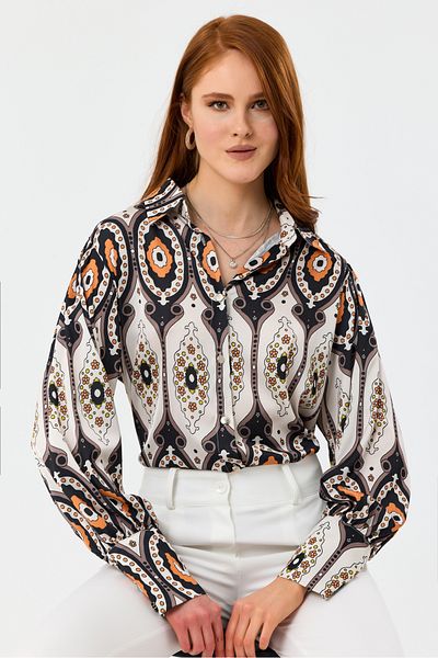 MD trend Cămașă oversize din satin cu umeri cu mâneci cu balon cu model etnic
