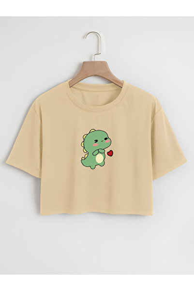 Ginevra Γυναικείο μπλουζάκι Oversize Crew Neck Dinosaur Printed Crop