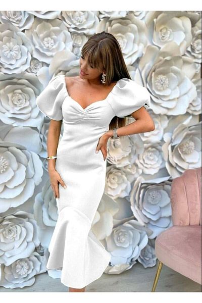 Esinty Rochie midi din țesătură Atlas, cu mâneci pepene verde, pentru femei (COLORATE)
