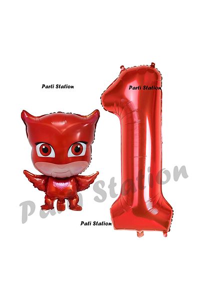 Parti Station Owl Girl 1 Year Old Birthday Set - Pijamaskeliler Balloon and Red Number Balloon