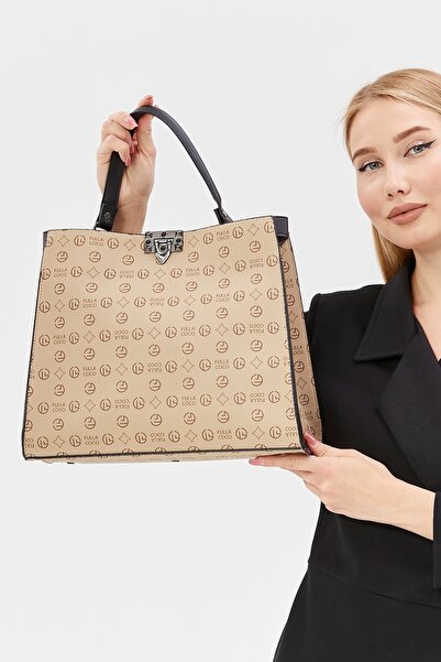 Morpelikan Kadın Çarpraz Omuz Askılı Şık Kilit Kapamalı Bej Monogram El Omuz ...