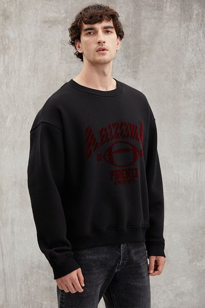 GRIMELANGE Jochen Men's Oversize Fit Velvet College Printed Black Sweatshirt with Fleece Inside