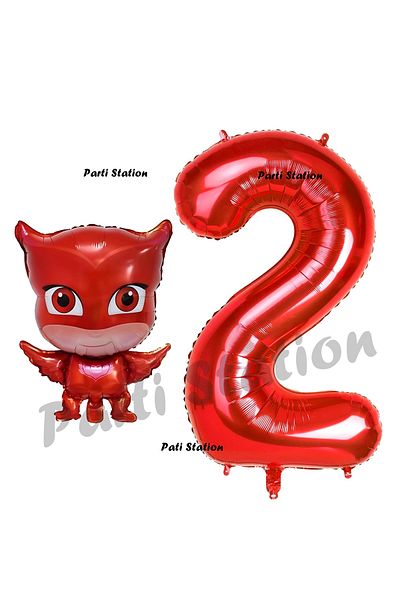 Parti Station Owl Girl 2 Year Old Birthday Set - Pijamaskeliler Balloon and Red Number Balloon