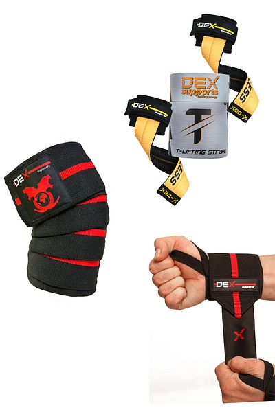 Dex Supports Lasting Energy Sports Knee Brace Knee Wraps + T-Grips Weightlifting Strap + Wrist Wraps Sports Wristband Set of 3