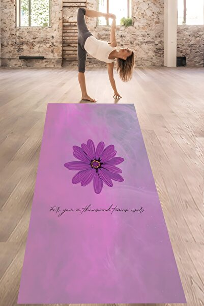 linazaitun Mor Zemin Çiçek Desenli Yazılı Yıkanabilir Kaymaz Taban Leke Tutma...