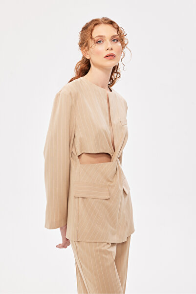 Berr-ın Bel Detaylı Çizgili Ceket Bej
