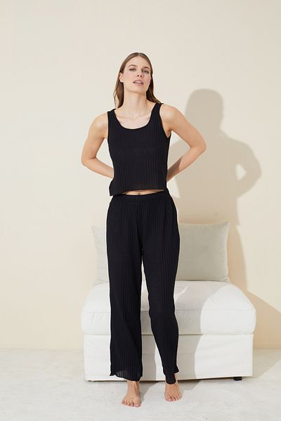 Siyah İnci Black Camisole Cotton Knitted Pajama Set