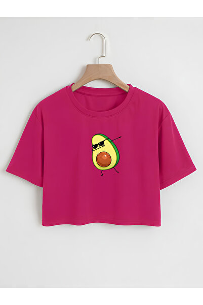 Ginevra تي شيرت نسائي قصير كبير الحجم بياقة دائرية وطبعة أفوكادو