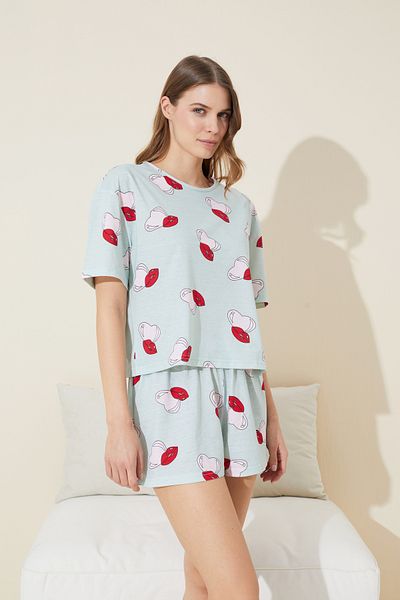 Siyah İnci Green Heart Patterned Knitted Shorts and Pajama Set