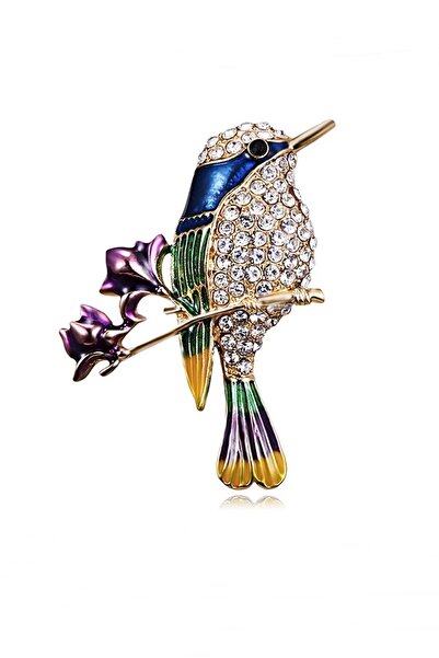 Solfera Gül Dalındaki Bülbül Renkli Kuş Zirkon Taşlı Yaka  İğnesi Broş RZ194