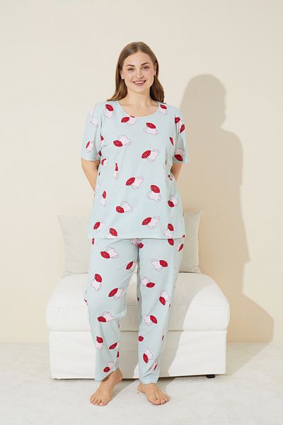Siyah İnci Πράσινη καρδιά με μοτίβο χειλιών Knitted Curve Plus Size Σετ πιτζάμες King Size