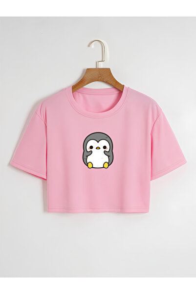 Ginevra Tricou de damă oversize cu decolteu rotund cu imprimeu pinguin