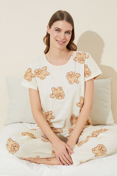 Siyah İnci light yellow dog pattern Knitted Pajamas Set
