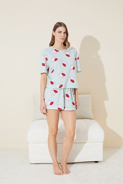 Siyah İnci Green Heart Patterned Knitted Shorts and Pajama Set