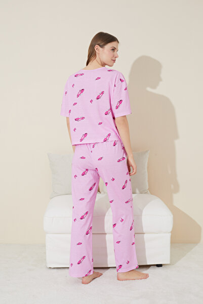 Siyah İnci pembe araba desenli Örme Pijama Takım