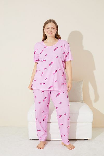 Siyah İnci ροζ μοτίβο αυτοκινήτου Knitted Curve Plus Size Σετ πιτζάμες King Size