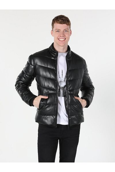 Colin's Palton negru din piele artificială pentru bărbați, slim fit, gonflabil - Pu Cl1055602