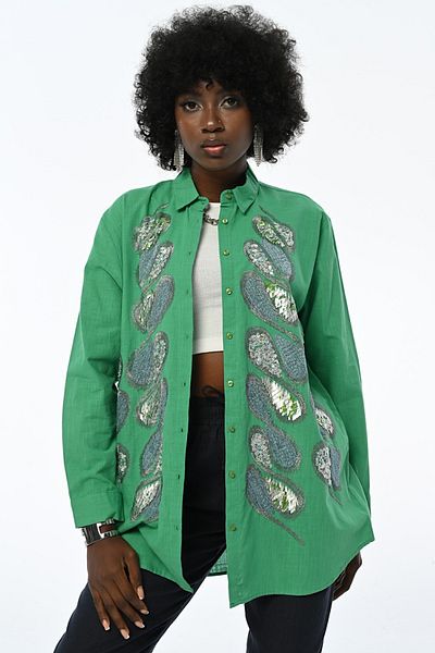 FEMELLE Cămașă oversize Benetton, 100% bumbac, cu broderie cu paiete, mărime standard, pentru femei