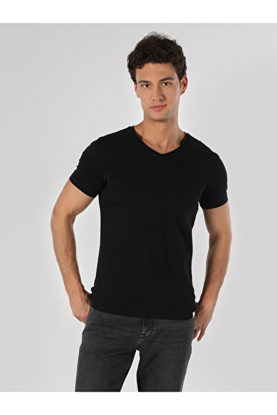 Colin's Slim Fit V Yaka Siyah Erkek Kısa Kol Tişört