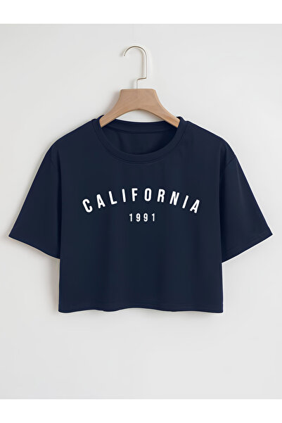 Ginevra تي شيرت نسائي قصير برقبة دائرية كبيرة الحجم مطبوع عليه كاليفورنيا