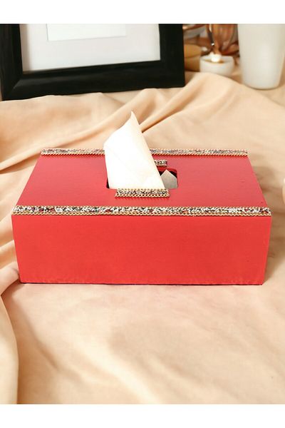 Fun Life Handmade Wooden Handkerchief Box with Stripe Bead Detail - Red