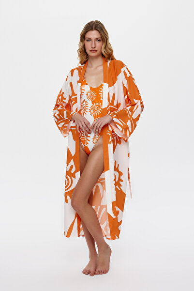 Eliphe Rax Göz Desenli Anvelop Turuncu Maxi / Uzun Kadın Kimono