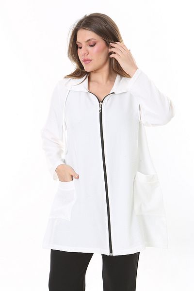 Şans Women's Large Size Bone Linen Woven Front Zipper and Pocket Unlined Jacket 65N37787