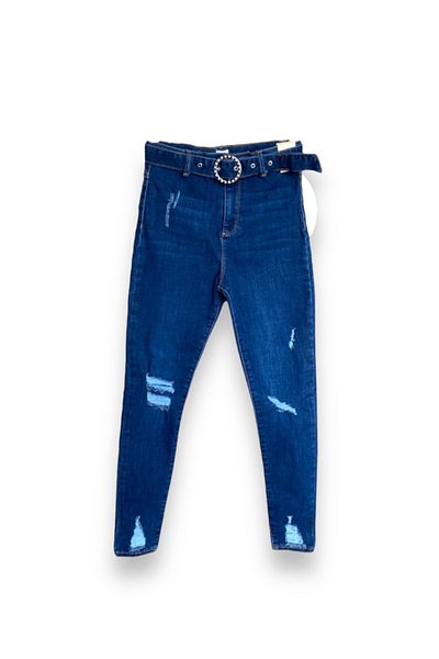 LİTTLE TORTOİSE STONE BELTED NAVY BLUE WASHED DETAIL GIRL'S TROUSERS
