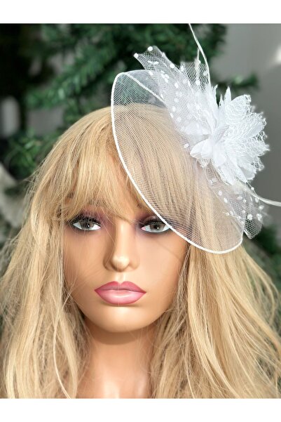 QUEEN AKSESUAR Vintage Design - Floral Print Tulle Cap with Veil for Bride and Wedding, with Collet Cap Clasp - White