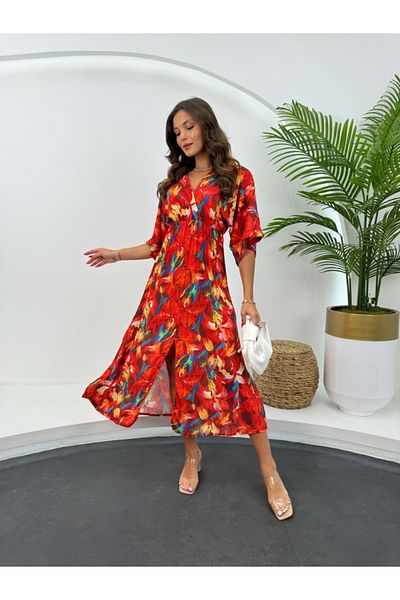 Elif Özbey Butik Rochie Lilyum cu mânecă rosie