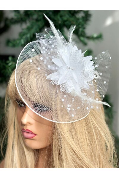 QUEEN AKSESUAR Vintage Design - Floral Print Tulle Cap with Veil for Bride and Wedding, with Collet Cap Clasp - White