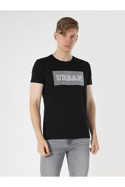 Colin's Tricou negru cu imprimeu slim fit pentru bărbați - decolteu, mânecă scurtă - Cl 1061802