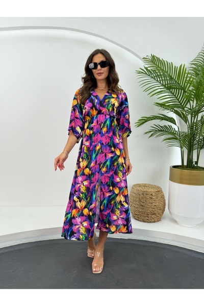 Elif Özbey Butik Mor Yarasa Kol Lilyum Elbise