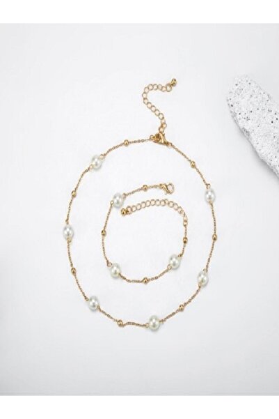 Classy Inci Kolye Bileklik Set, Inciden Top Zincir Kolye Bileklik Set, Inciko...