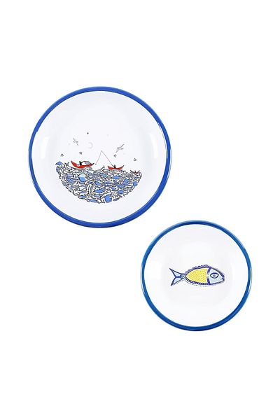 Anason İşleri Fish Tale and Flying Fish Enamel Plate Set of 2