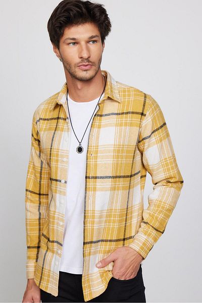 Tudors Slim Fit Μακρυμάνικο Slim Fit Checked Winter Ξυλοκόπος κίτρινο-λευκό ανδρικό πουκάμισο
