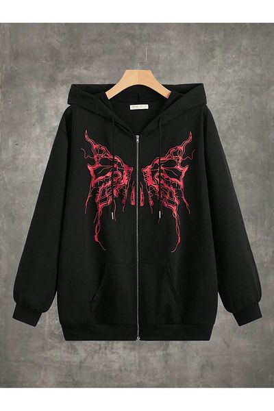 Boi Y2K Butterfly printed Loose Fit Ζακέτα με φερμουάρ - Μαύρη εμπριμέ μεγάλη κουκούλα με τσέπη