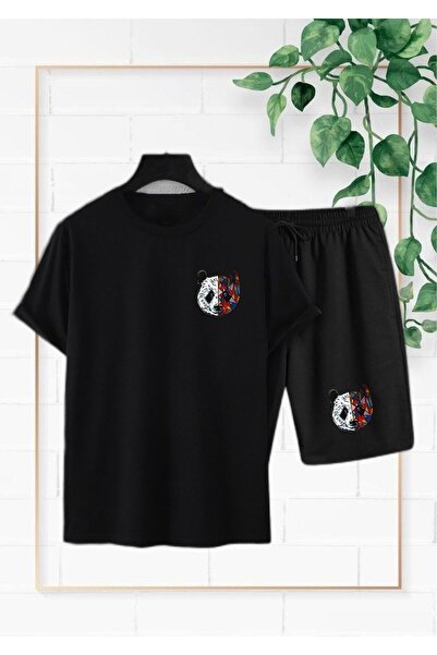 Genel Markalar Siyah Tokyo Panda Baskılı Oversize T-shirt Ve Penye Şort Takım