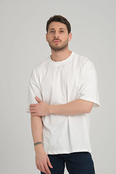 3 ROPE Tricou pentru bărbați, oversize, 100% bumbac, culoare albă, cu gât cre...