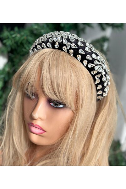 QUEEN AKSESUAR Catifea neagră - piatră de cristal de lux, coroană lată cu burete bombat, coroană de logodnă cu design special