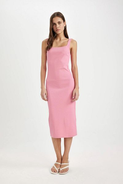 DeFacto Bodycon Body-fit Basic μονόχρωμο τετράγωνο λαιμόκοψη με ραβδώσεις αμάνικο μίντι φόρεμα Z7577az24sm