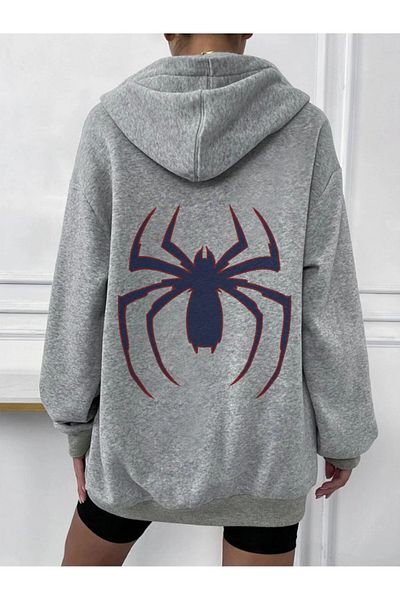 Boi Big Spider Sweatshirt Zippered Cardigan - Gray Printed Oversize Pocket Winter Hoodie
