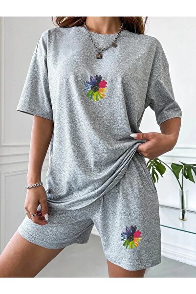 LOTS MODA Set de pantaloni scurți de tricou cu imprimeu floral colorat de dam...